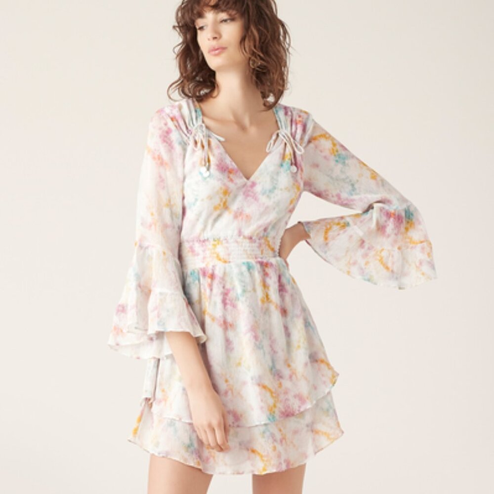 Tiger Lily SAARALIE Silk/Cotton V-Neck Tie Dye Smocked Waist Mini Dress, AU10